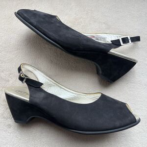 Arche Black Nubuck Leather Slingback Heeled Sandals Women EU 41 US 9.5 Peep Toe